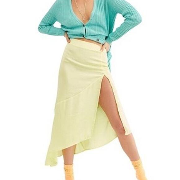 Free People Lola Slit Ruffled Midi Skirt in Neon Yellow Women's Size 2 EUC - Picture 1 of 6